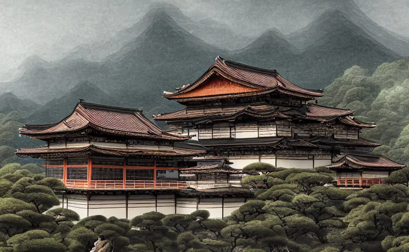 Image similar to highly detailed painting of old, ruined, japanese palace from sengoku period, surrounded by dense rock formations, high in mountains, overcast weather, environment concept art, photobash, unreal engine render, nanite