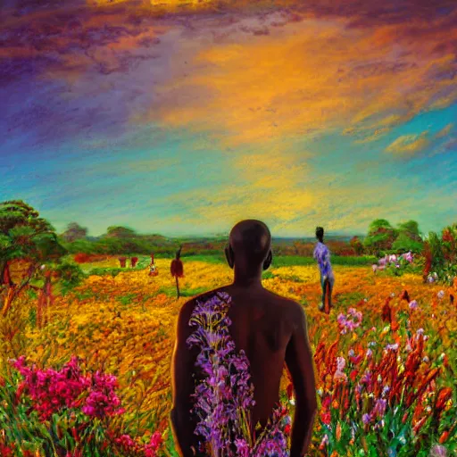 Prompt: an east african man in a vast field of flowers, looking off into the sunset, relaxing, wide shot, golden hour, vintage, impressionist painting, fine art, oil painting, dreamy, pastel, laughing, happy, intricate details, sharp, peaceful, serene