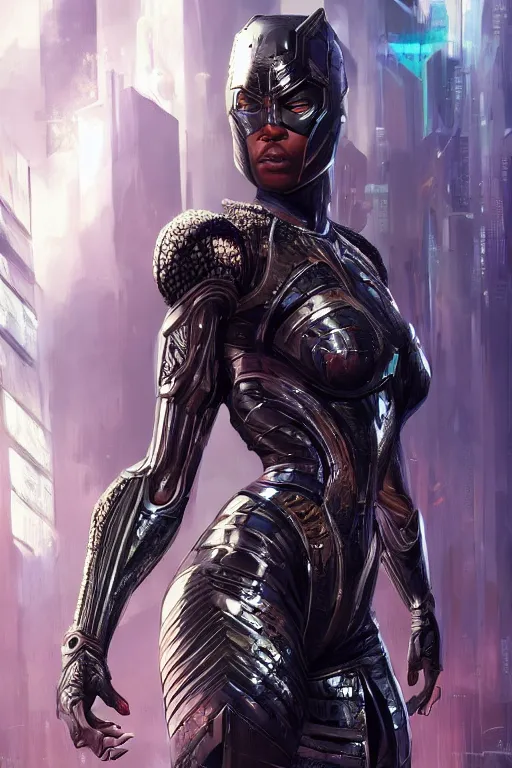 Image similar to art by artgerm, sharp focus, ultra realistic illustration, wakandan warrior in a cyberpunk style armor, sci fi background hacknaut cyberpunk, sci - fi, fantasy, intricate, elegant, highly detailed, digital painting, artstation, concept art, smooth, sharp focus, illustration.