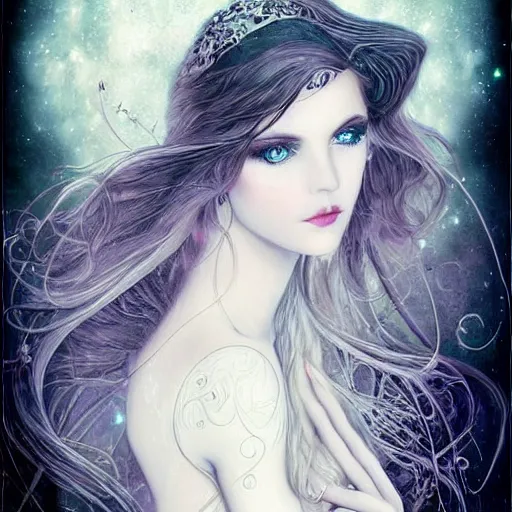 Image similar to seductive eyes, ethereal white witch girl portrait, art nouveau, fantasy, intricate designs, elegant, highly detailed, sharp focus, galaxies, female