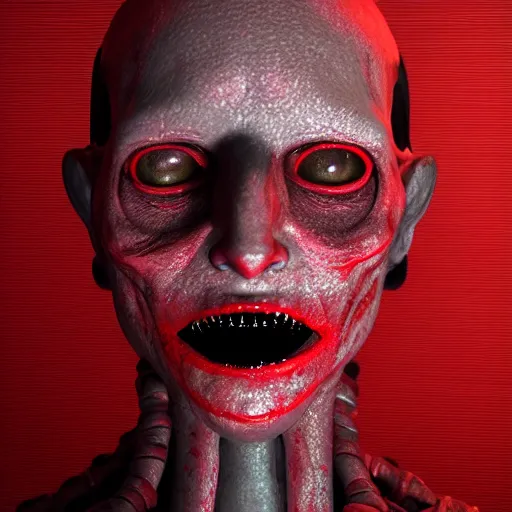 Image similar to octane render of a body horror humanoid, sharp dark shadows, black and red color palette by trevor henderson and junji ito