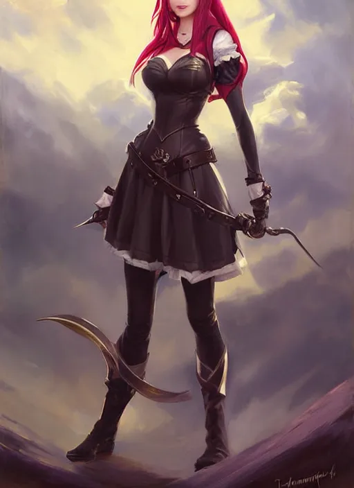 Image similar to portrait of Katarina from League of Legends in maid outfit, countryside, fantasy character portrait, dynamic pose, above view, view from above, sunny day, thunder clouds in the sky, artwork by Jeremy Lipkin and Giuseppe Dangelico Pino and Michael Garmash and Rob Rey, very coherent symmetrical artwork, perfect face, simple form, 100mm