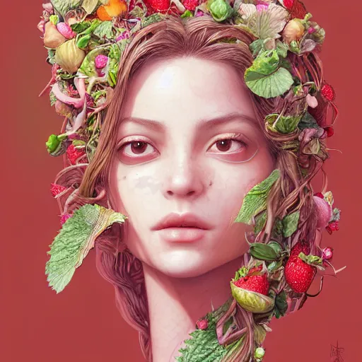 Image similar to the portrait of an absurdly beautiful, graceful, elegant, young woman made of strawberries and green petals shy, an ultrafine hyperdetailed illustration by kim jung gi, irakli nadar, intricate linework, bright colors, octopath traveler, final fantasy, angular, unreal engine 5 highly rendered, global illumination, radiant light, detailed and intricate environment