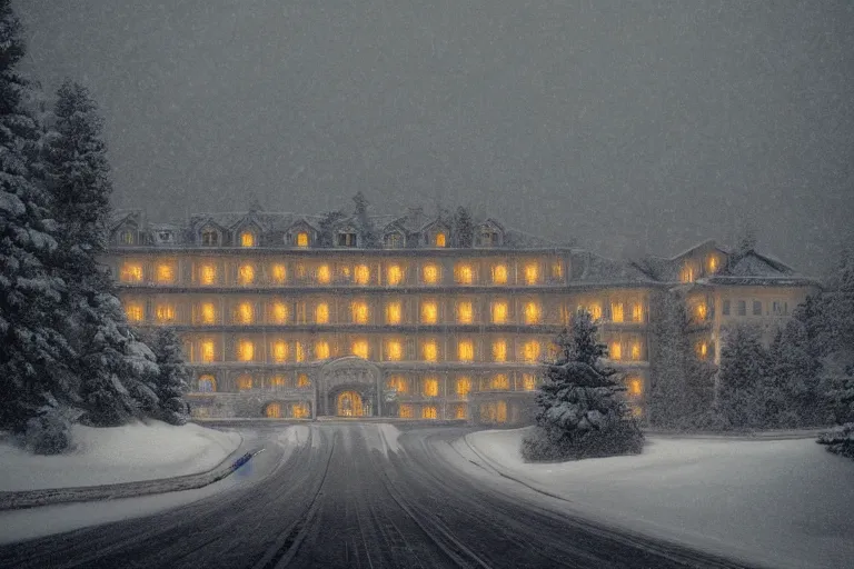 Prompt: The Shining Overlook Hotel, entrance, snow storm, scary, shattered windows, trending on artstation, realistic, cinematic composition, hyper realistic, highly detailed