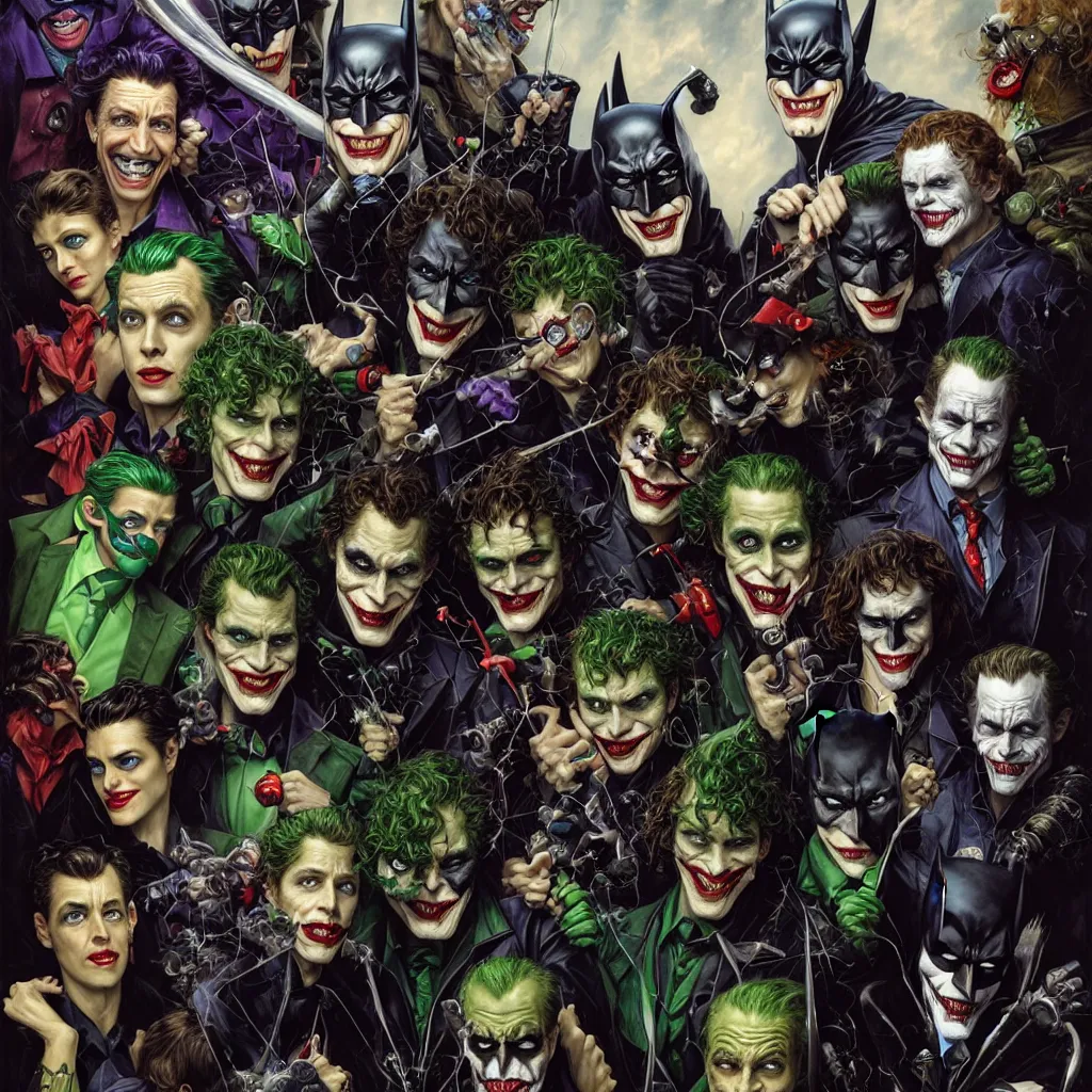 Image similar to a portrait of batman standing with the joker, robin, the riddler, the scarecrow, twoface, and the batmobile by karol bak, james jean, tom bagshaw, rococo, sharp focus, trending on artstation, cinematic lighting, hyper realism, octane render, 8 k, hyper detailed, vivid, ultra detailed, highly detailed