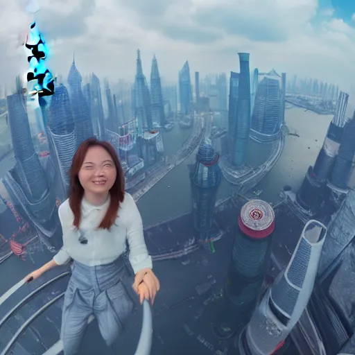 Image similar to spuergirl flying upon shanghai lujiazui, cityscape, cloud day, artstation, 8 k