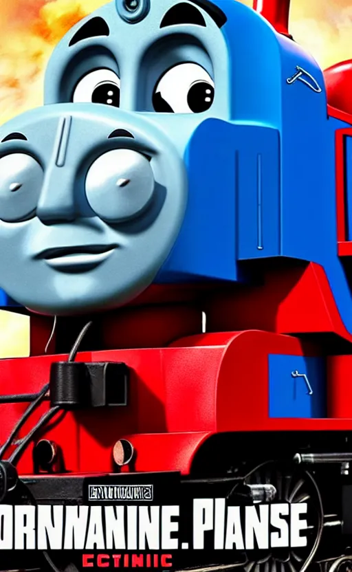 Image similar to thomas the tank engine vs. optimus prime : big revenge : coming soon to theaters, epic cinematic poster, realistic, photo, photorealistic, detailed, high quality, high resolution, 8 k, hdr, 4 k