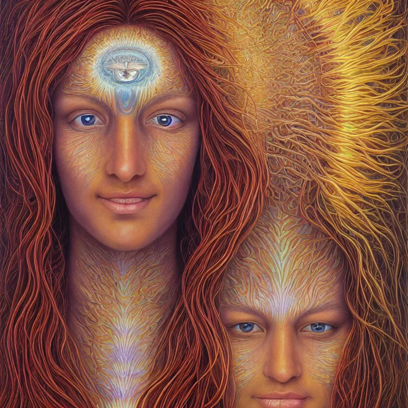 Image similar to perfectly centered portrait front view of a beautiful mushroom goddess, flowing hair, intense stare, sweet smile, symmetrical, volumetric shadows and lighting, realistic oil painting by alex grey,