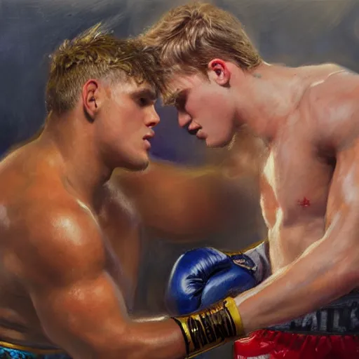 Image similar to a beautiful painting of ksi fist - fighting jake paul in a boxing ring, rendered art, highly detailed painting by gaston bussiere, craig mullins, j. c. leyendecker 8 k, trending on artstation, art, fighting, watercolor