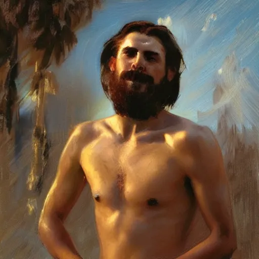 Image similar to a man with a slicked back haircut, painting by Gaston Bussiere, Craig Mullins