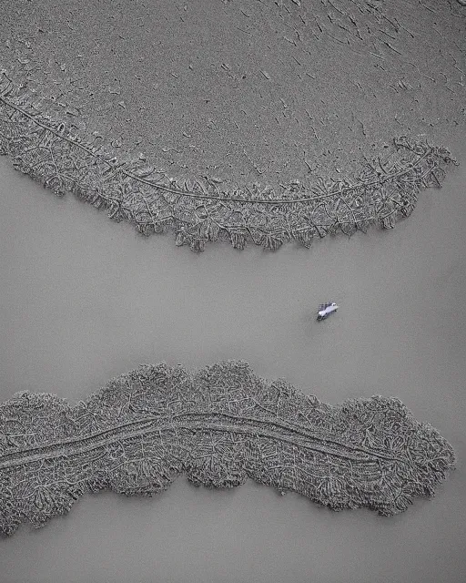 Prompt: a beach, made of intricate decorative lace leaf skeleton, shot from a drone, in the style of the dutch masters and gregory crewdson, dark and moody