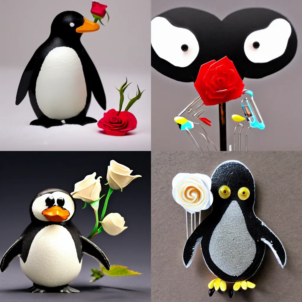 Prompt: a penguin made of teeth giving a rose to duck made of dripping paperclips