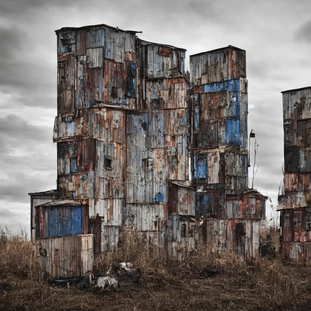Prompt: three towers, made up of makeshift squatter shacks with vintage colours, dystopia, hasselblad x 1 d, moody sky at the back, fully frontal view, very detailed, ultra sharp, photographed by jeanette hagglund