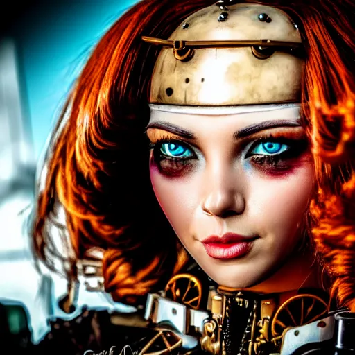 Image similar to close - up portrait of a beautiful female steampunk android in the style of ex the fifth element