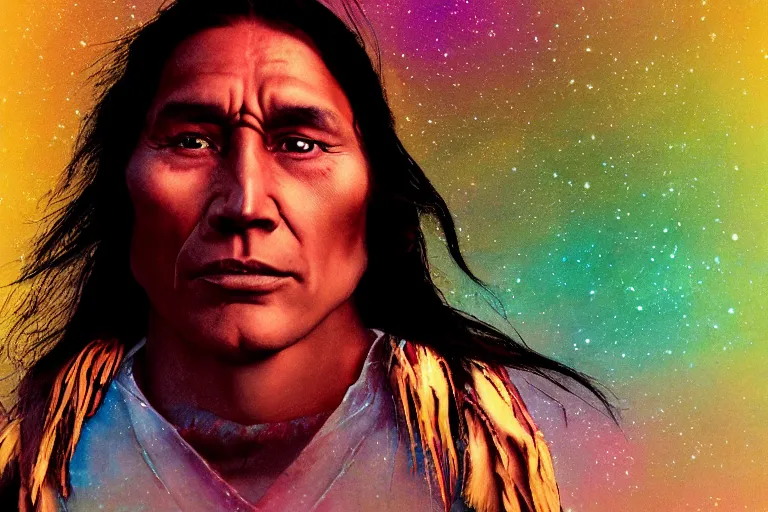 Image similar to photograph of a spiritual native american man looking up at the stars, art, universe, blender, pastel colors, synthwave, retro, cyberpunk,