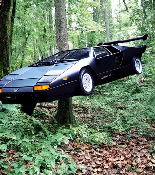 Image similar to 1988 Lamborghini Countach hanging from a tree by invisible force Abandoned in the Woods