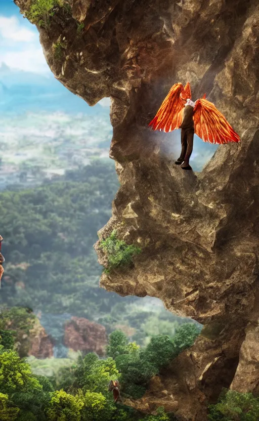 Image similar to a man standing on a cliff ready to jump with his home made wings, highly realistic