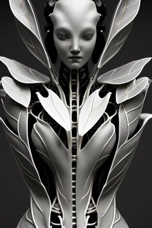 Image similar to monochrome close - up profile face, black background, beautiful young porcelain bio - mechanical vegetal - dragon - cyborg - female, white metallic armour, silver gold details, magnolia leaves and stems, roots, mandelbot fractal, 1 5 0 mm, beautiful natural soft rim light, elegant, hyper real, ultra detailed, octane render, 1 6 k