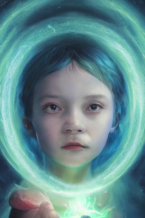 Prompt: a fancy portrait of a small celestial child in a blue and green portal to another dimension by greg rutkowski, sung choi, mitchell mohrhauser, maciej kuciara, johnson ting, maxim verehin, peter konig, bloodborne, 8 k photorealistic, cinematic lighting, hd, high details, dramatic, dark atmosphere, trending on artstation