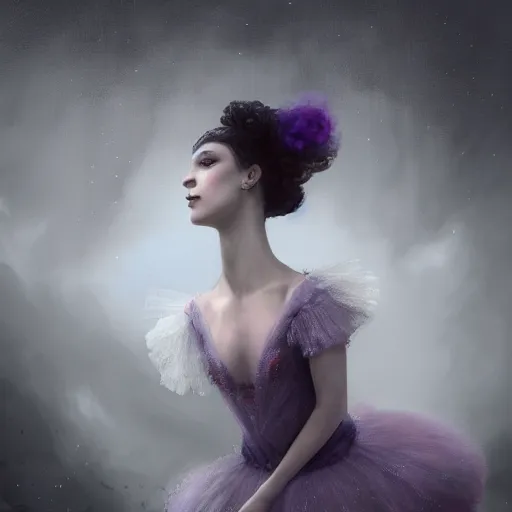 Prompt: picture generation, soft painting curiosities carnival, beautiful prima ballerina in full long dress, accurate features, focus, very intricate ultrafine details, black white purple volumetric clouds, award winning masterpiece, octane render 8 k hd, tom bagshaw artstyle