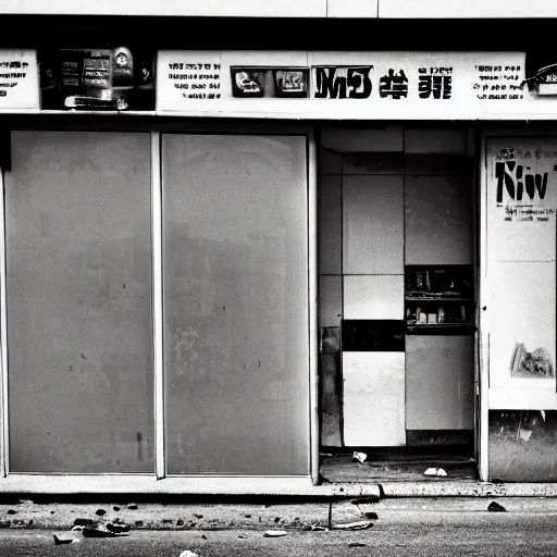 Prompt: a ransacked convenience store, broken door, in a town filled with pale yellow mist. Dystopian. End of the world. Film grain. Documentary photo. Sigma 40mm f/1.4 DG HSM