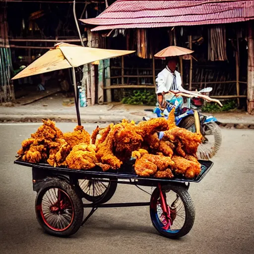 Prompt: “ an elephant selling fried chicken wings and sticky rice with a motorcycle cart in rural thailand. masterpiece. trending on artstation ”