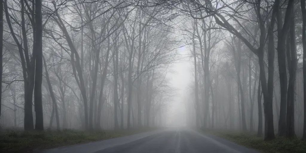 Image similar to road between tall trees in right corner, dark night, fog, cold light, moon