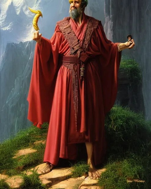 Image similar to A lawful good dnd wizard, he wears robes. Award winning oil painting by Thomas Cole and Wayne Barlowe. Highly detailed