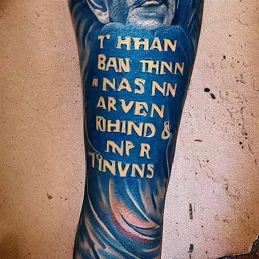 Prompt: tattoo with crooked handwritten font, blue, quote : a man never steps in the same river twice for that is not the same river and he is not the same man, heraclitus quote, color restoration