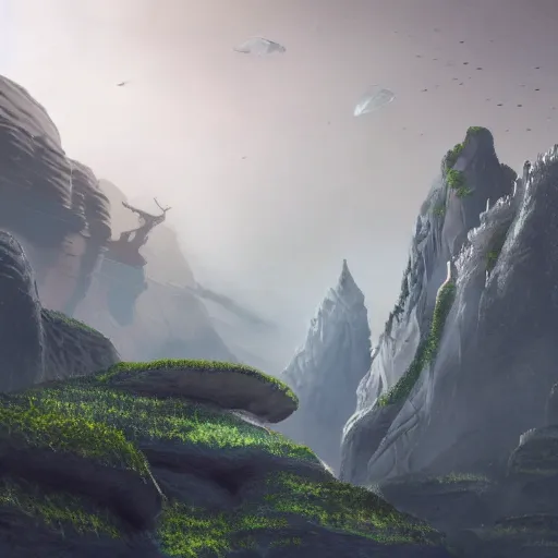 Prompt: A realistic detailed photo of a futuristic canyon, alien plants, grey sky, futuristic buildings, flying ships in the background, foggy landscape, light particles, detailed light, realistic shaders, trending on artisation, detailed textures, detailed, realistic.