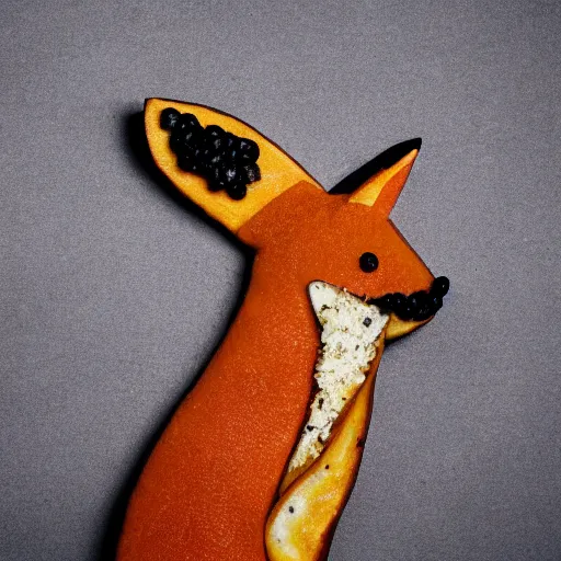 Prompt: studio photography of food in the shape of a fox