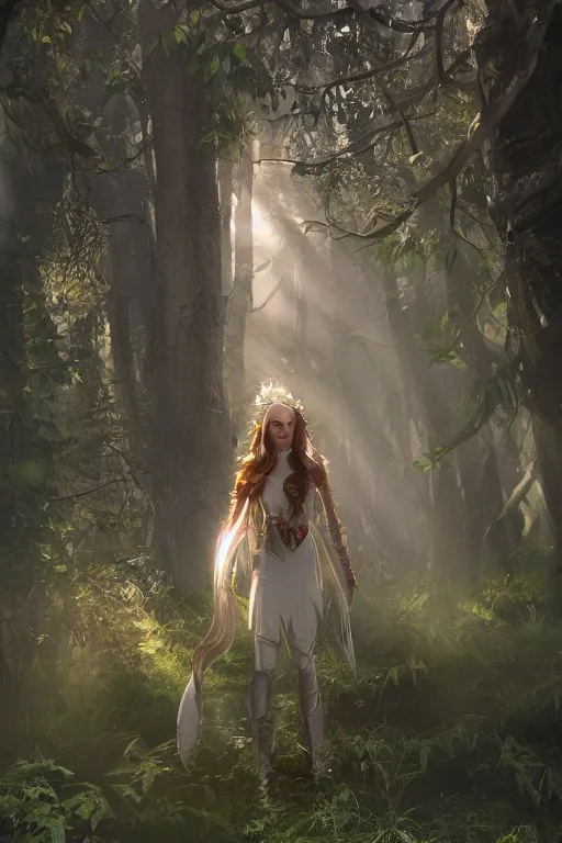 Image similar to a beautiful elf princess walking in an enchanted forest, beautiful and symmetrical face, light rays sieving through the trees, evening, warm light, hyperrealistic, 4K, trending on artstation