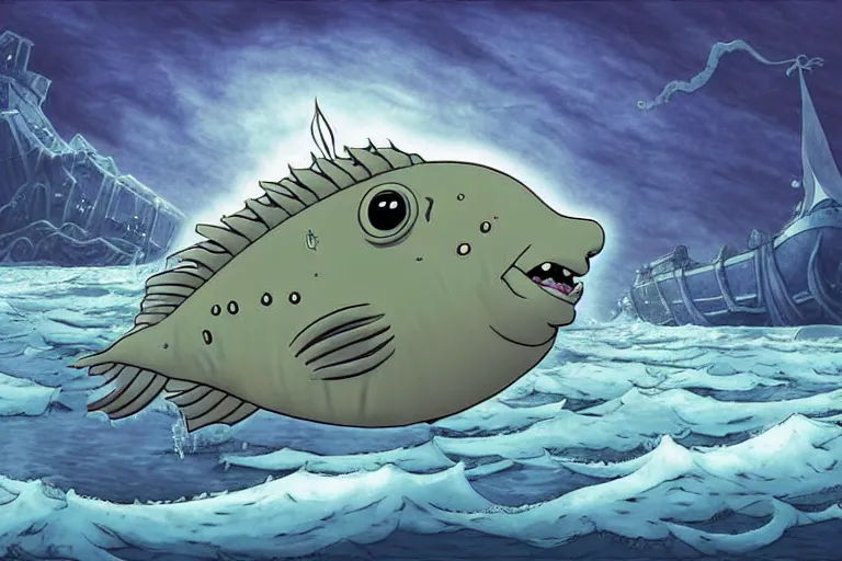 Image similar to cell shaded cartoon of a giant lovecraftian mechanized grey sunfish from howl's moving castle ( 2 0 0 4 ), in an icy river, full body, wide shot, very muted colors, post grunge, studio ghibli, highly detailed, deviantart, art by artgem