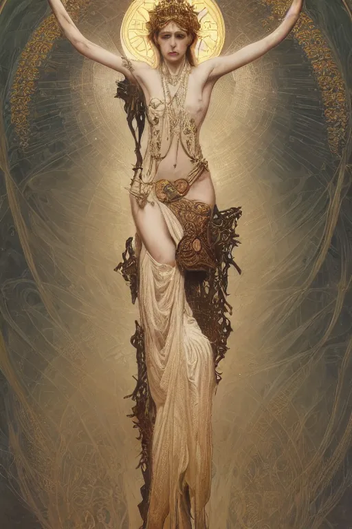 Image similar to a full body portrait of a beautiful ethereal delicate babylonian mage queen meditative sacral pose catholic stages of the cross, intricate, elegant, highly detailed, digital painting, artstation, concept art, smooth, sharp focus, illustration, art by krenz cushart and artem demura and alphonse mucha