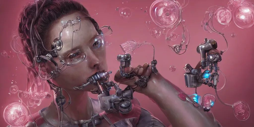 Prompt: hyperrealistic photography of a gorgeous cabled female cyborg scientist making a machine that makes pink bubbles in the style of Jin Kagetsu, James Jean and wlop, highly detailed, masterpiece, award-winning, sharp focus, intricate concept art, ambient lighting, 8k, artstation