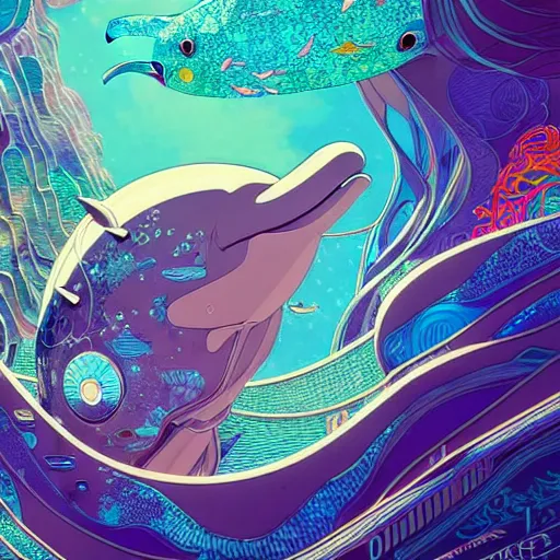 Image similar to a beautiful hyperdetailed character design 4 k wallpaper illustration of a cute dolphin, victo ngai cyberpunk style, from china, style of studio ghibli, makoto shinkai, raphael lacoste, louis comfort tiffany, artgerm, james jean, ross tran, chinese style