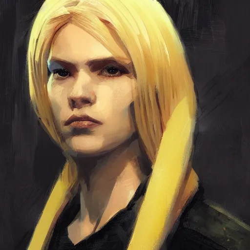 Prompt: portrait of a woman by greg rutkowski, slavic features, blonde bob hair, tall and slender, star wars expanded universe, she is about 3 0 years old, wearing black and yellow military fatigues of the outer rim association.