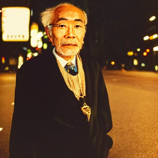 Prompt: portrait, old man in tokyo at night, wearing gold chain, gold rings, cinestill 8 0 0,