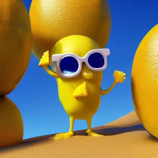 Prompt: a 3 d 4 k render of a lemon character wearing shades on a beach