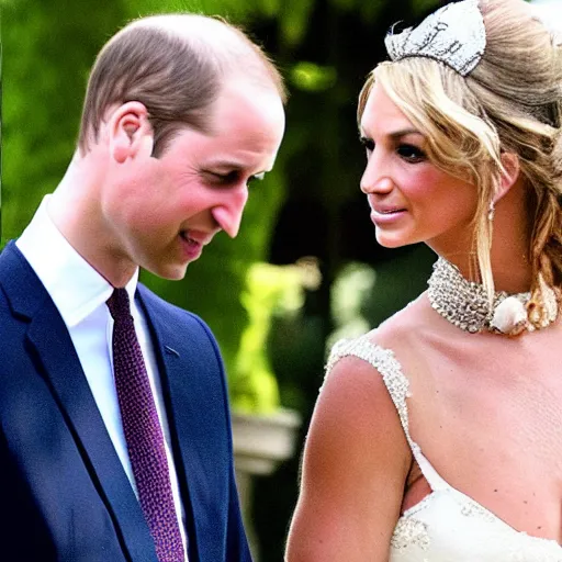 Prompt: detailed close up photos the duke of cambridge prince william marrying american popstar britney spears, happy couple, human, wedding photos on instagram, official photos, wedding photo