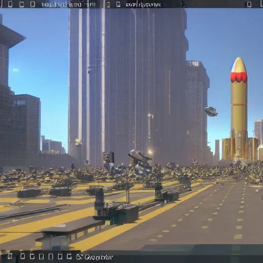 Image similar to SPACE INVADERS game as a city, bustling, rockets, atmospheric, hazy, sweltering, highly detailed, autochrome, 8k, reflections, octane render, unreal engine 5, in the style of Cézanne