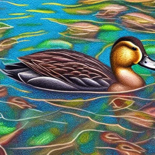 Image similar to Colored pencil art on paper, Ducks swimming in pond, highly detailed, artstation, MasterPiece, Award-Winning, Caran d'Ache Luminance