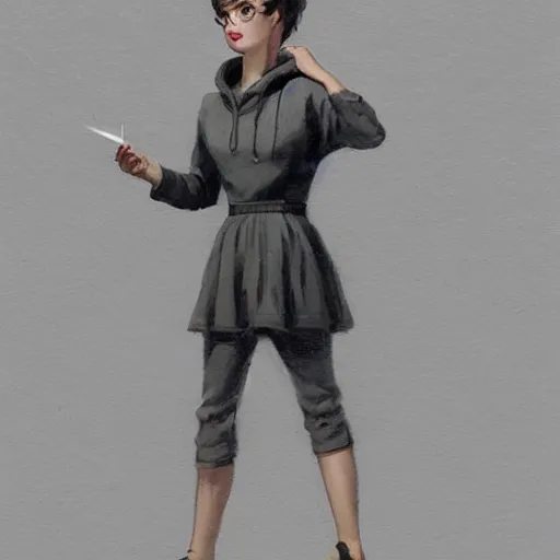 Image similar to a highly detailed epic cinematic concept art CG render digital painting artwork costume design: a 1950s girl in a 1950s grey hoodie. By Greg Rutkowski, Ilya Kuvshinov, WLOP, Stanley Artgerm Lau, Ruan Jia and Fenghua Zhong, trending on ArtStation, made in Maya, Blender and Photoshop, octane render, excellent composition, cinematic atmosphere, dynamic dramatic cinematic lighting, aesthetic, very inspirational, arthouse