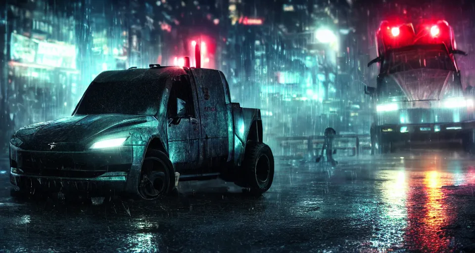 Image similar to macro closeup photo of combat tesla cybertruck hovering over wet dystopian cyberpunk city streets at night, mad max, action, speed, volumetric lighting, hdr, need for speed, gta 5, ridley scott, makoto shinkai, syd mead, craig mullins, cinematic, fast and furious, blade runner, octane, 8 k, iso 1 0 0