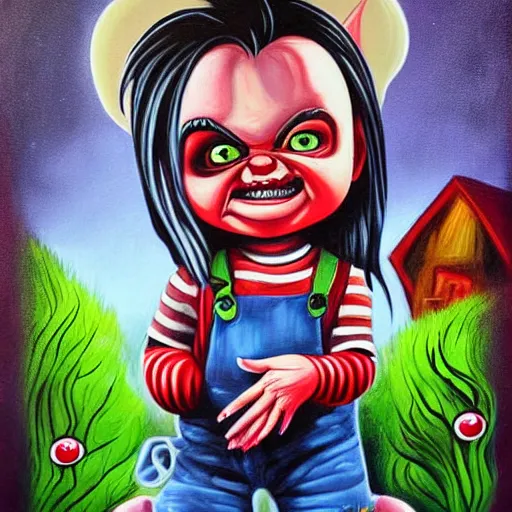 Prompt: macabre painting of chucky by jeremiah ketner | horror themed | creepy