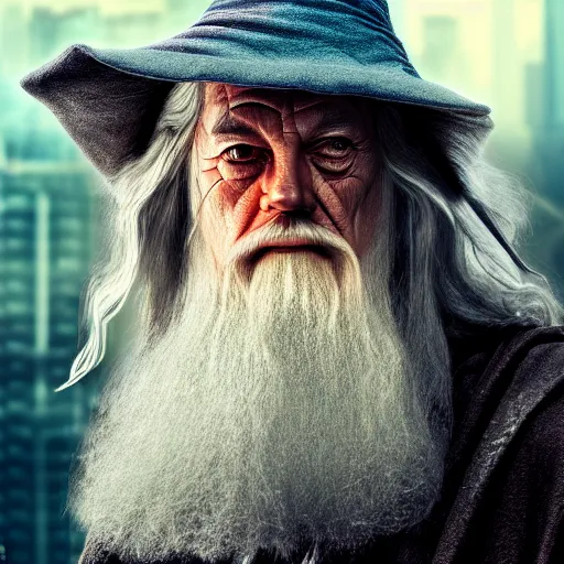 Prompt: Gandalf is a cyborg, cyberpunk, exobiology, hyper realistic, hyper detailed, realistic picture, epic game portrait, high angle shot, Long shot, 4k post-processing highly detailed, , 35mm, Kodachrome film, photograph