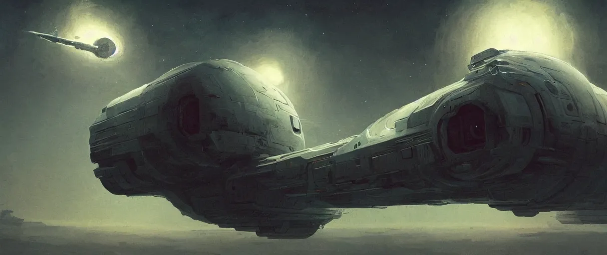 Image similar to concept art, small spaceship drifting in space, industrial design, industrial apparent, immensity, wide angle, cinematic lighting, 4k, widescreen ratio, by sparth, beksinski