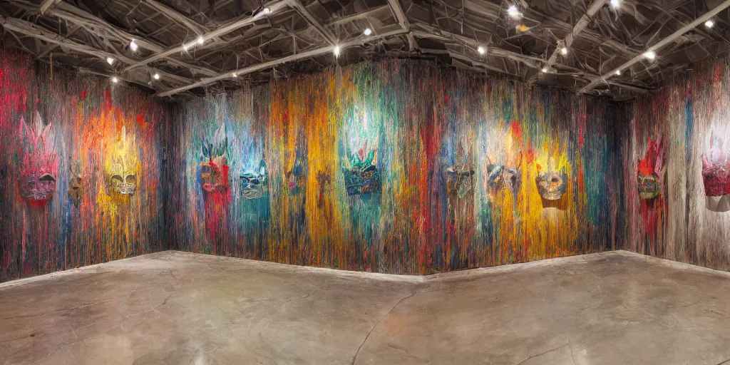 Image similar to A hyper realistic photography of an exhibition space with indigenous masks and dripping colors on the wall