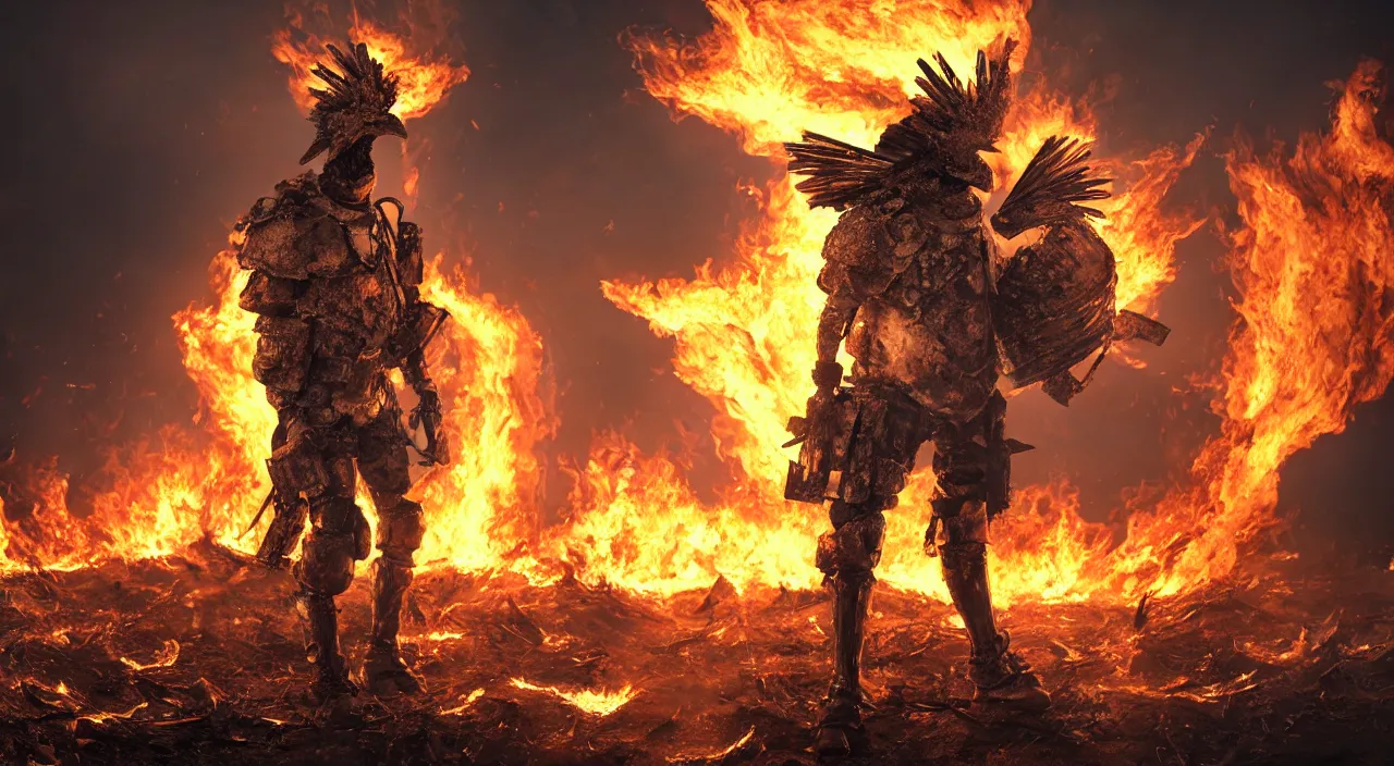 Image similar to chicken wearing suit of armor standing alone in war-torn battlefield with background flames, sharp focus, concept art, elegant, highly detailed, beautiful lighting, distant shot