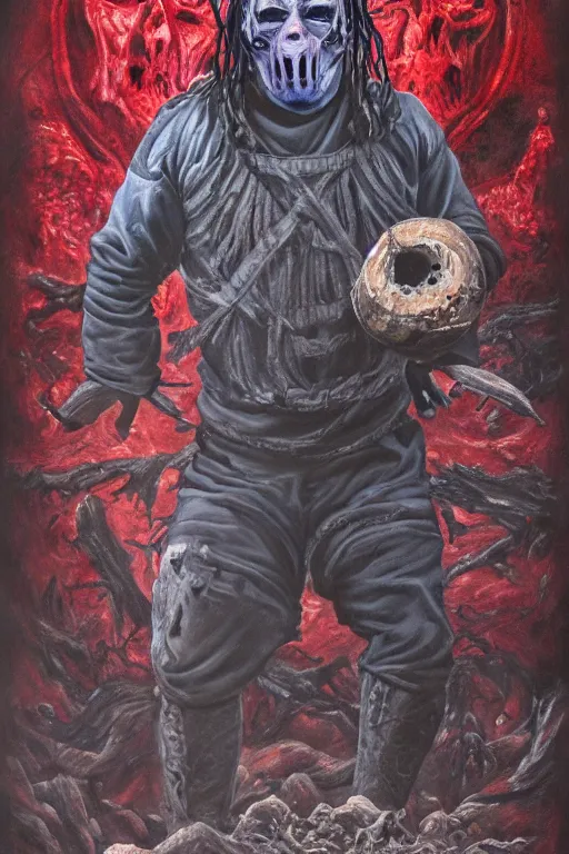 Image similar to a full body high detail fantasy portrait oil painting illustration of slipknot band in a lake of blood by justin sweet with face and body clearly visible, insane, realistic proportions, d & d, rpg, forgotten realms, artstation trending, high quality, sombre mood, artstation trending, muted colours, entire person visible!